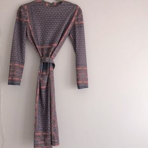 Vintage Geometric Patterned Belted Dress Blue Pink